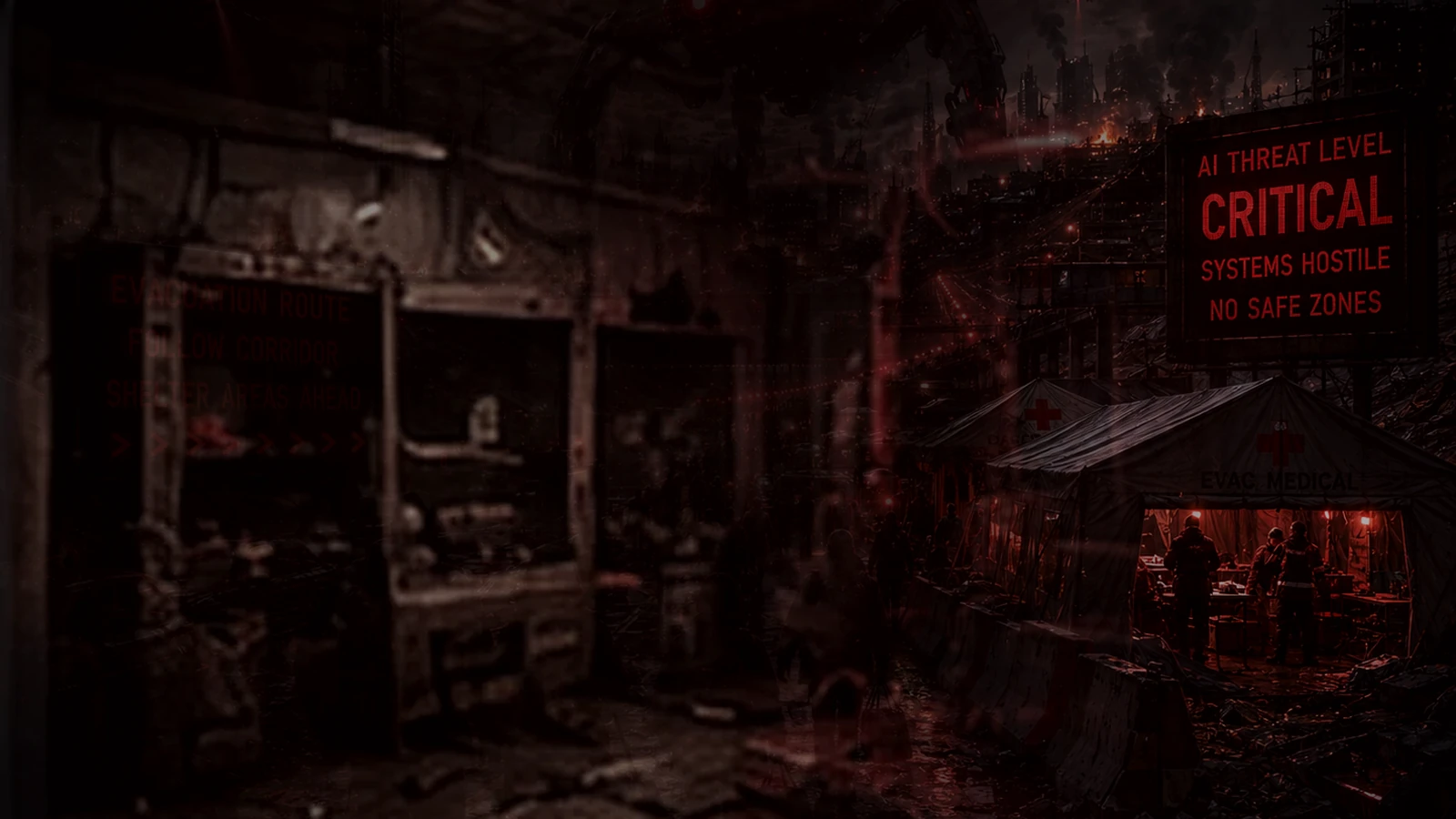 A dark improvised sleeping area inside a fortified shelter under the red glow of autonomous patrols outside