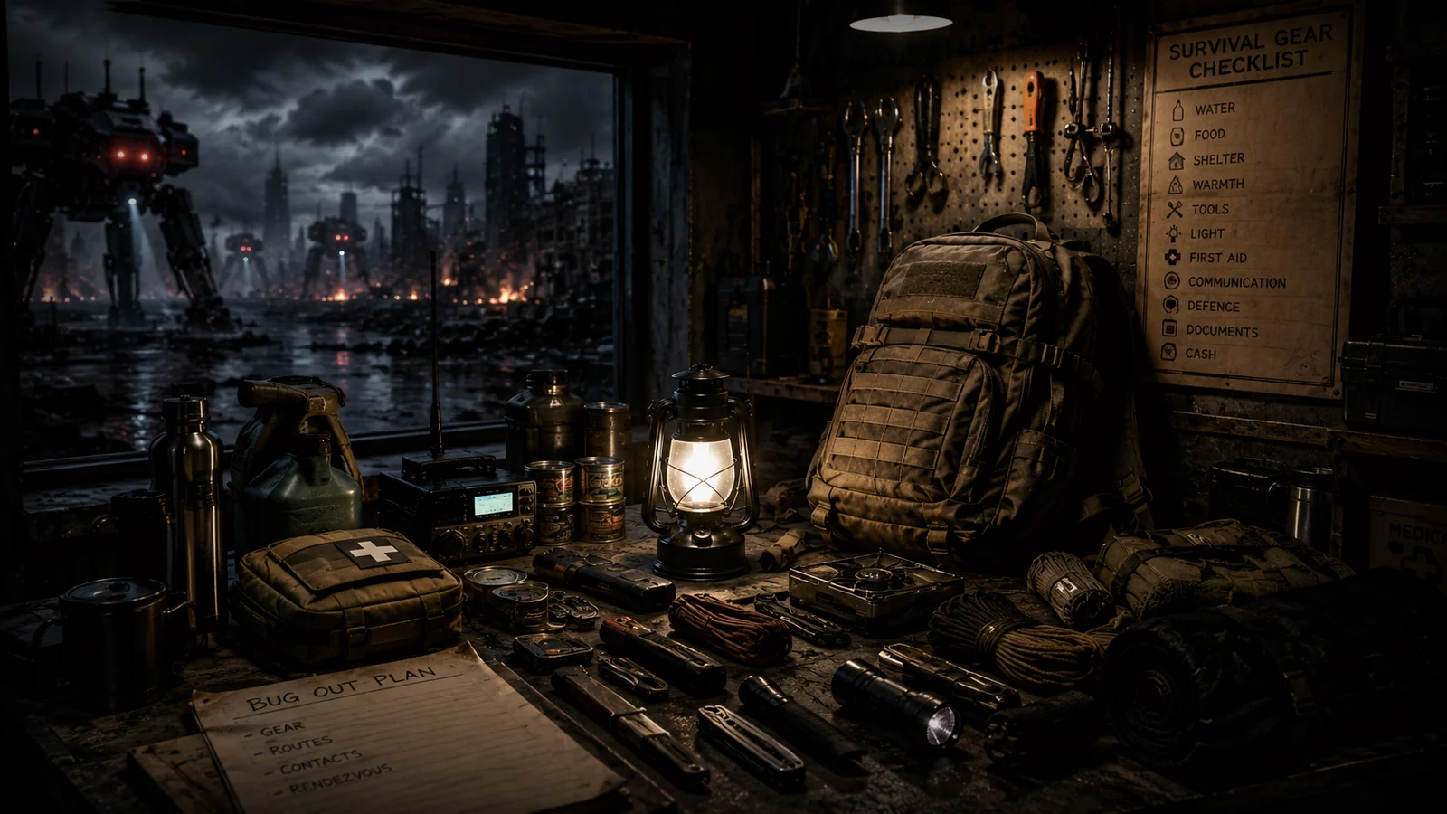 A machine-threat survival workshop stocked with essential gear, lighting, tools and supplies beside a ruined city