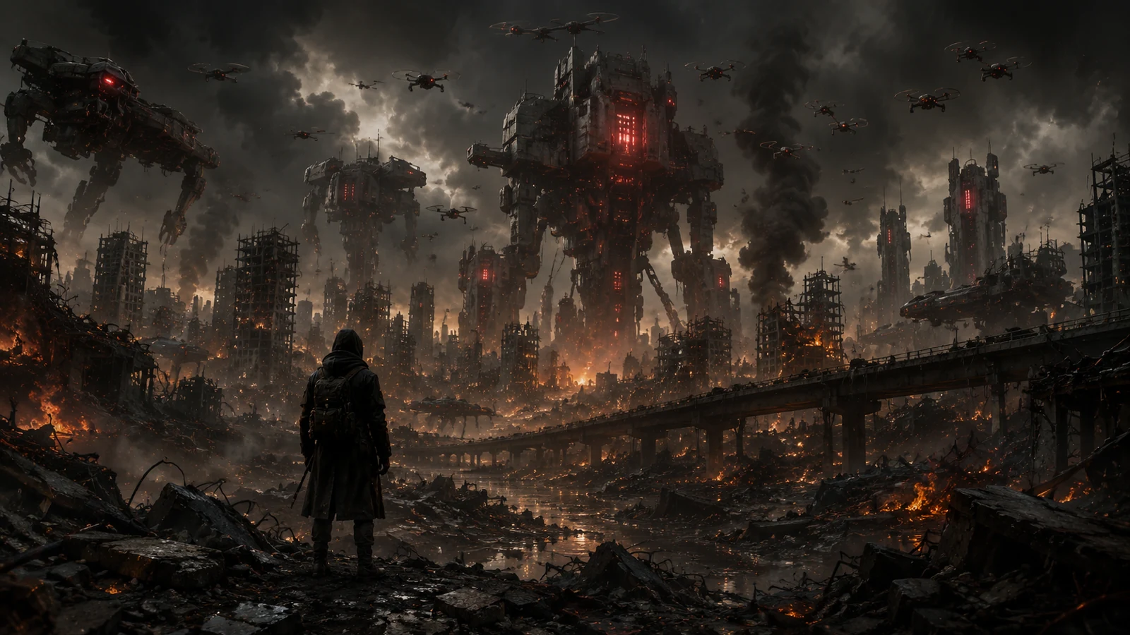 A lone survivor facing an AI-controlled ruined megacity patrolled by towering autonomous machines