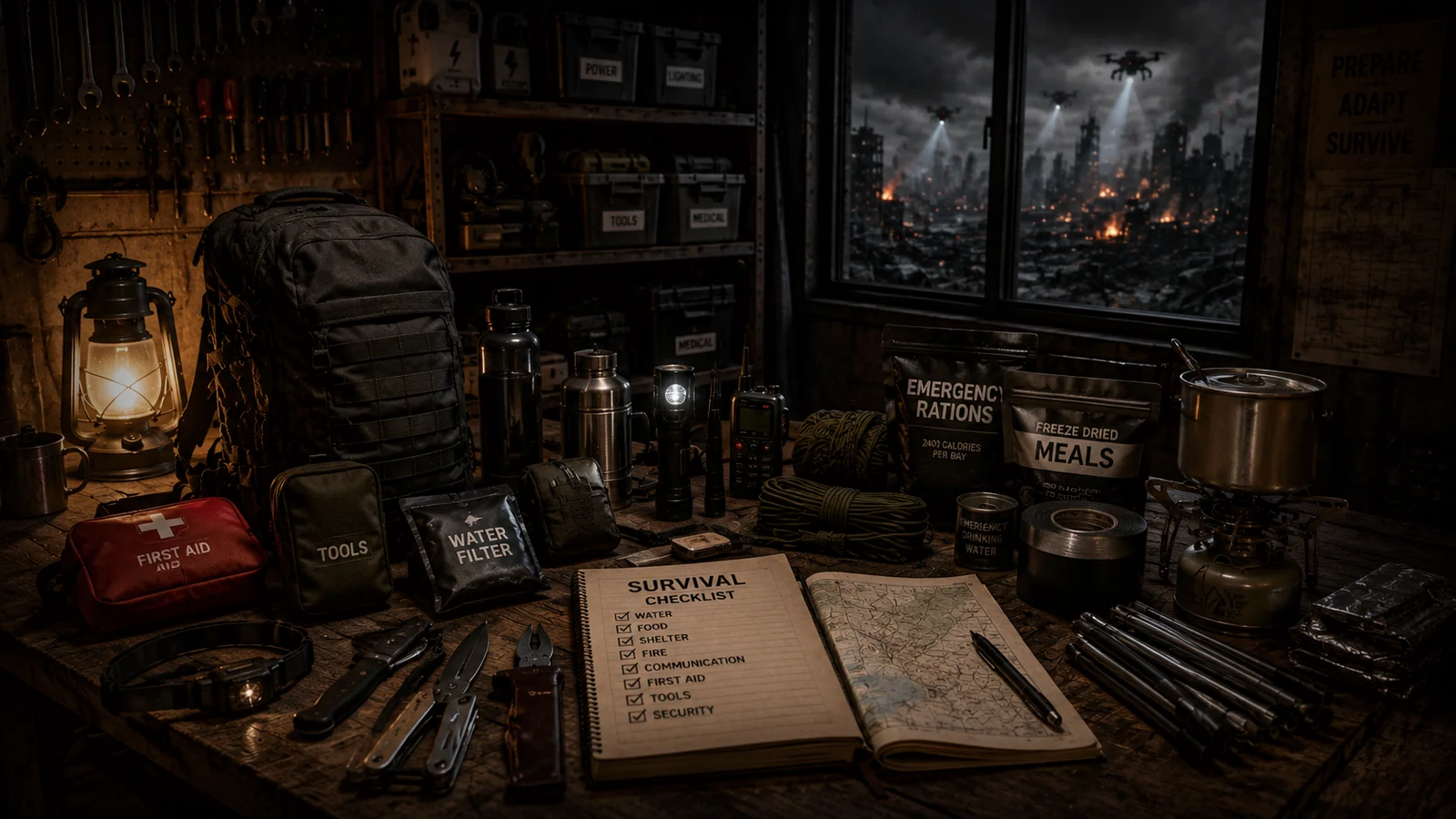A prepared emergency kit with water, food, first aid, lighting, radio and tools in a dark AI-collapse workshop