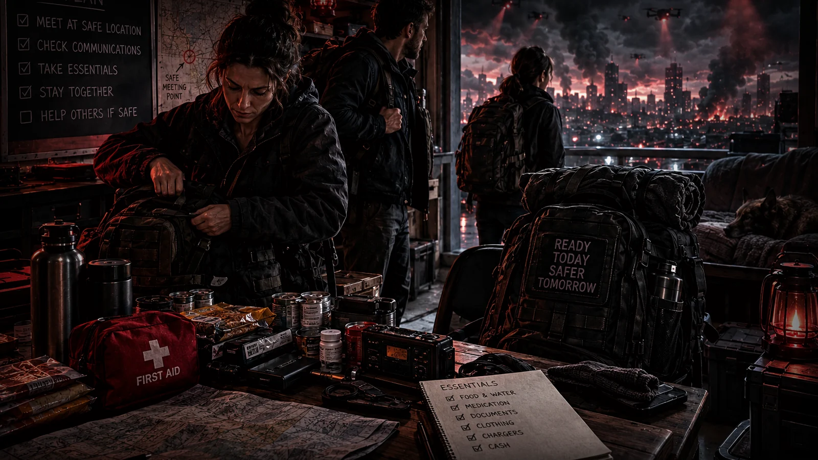 Water bottles and emergency supplies being packed inside a shelter while hostile drones patrol a burning city