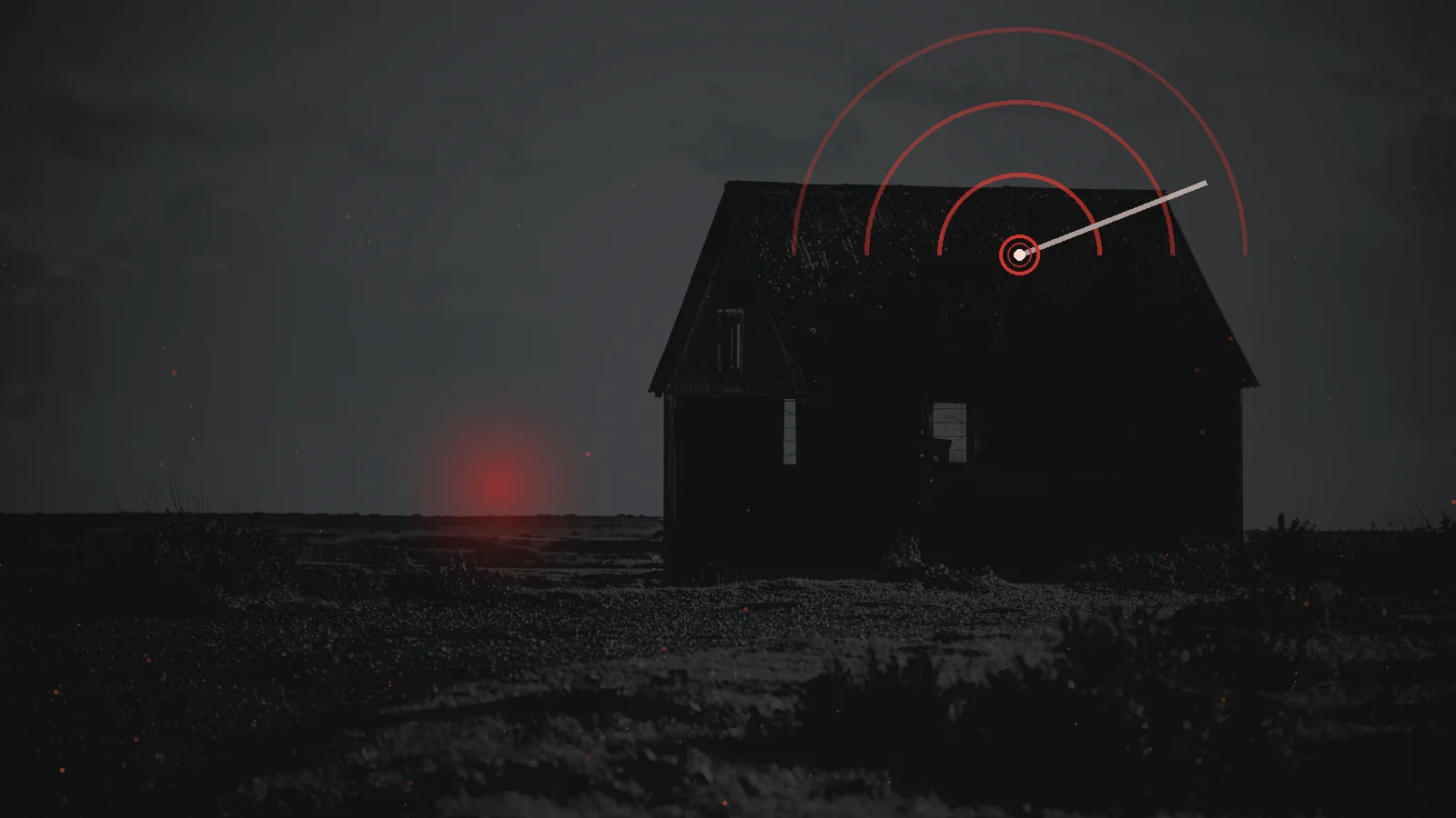 A remote human refuge beneath an ominous red probability arc in a dark apocalyptic sky