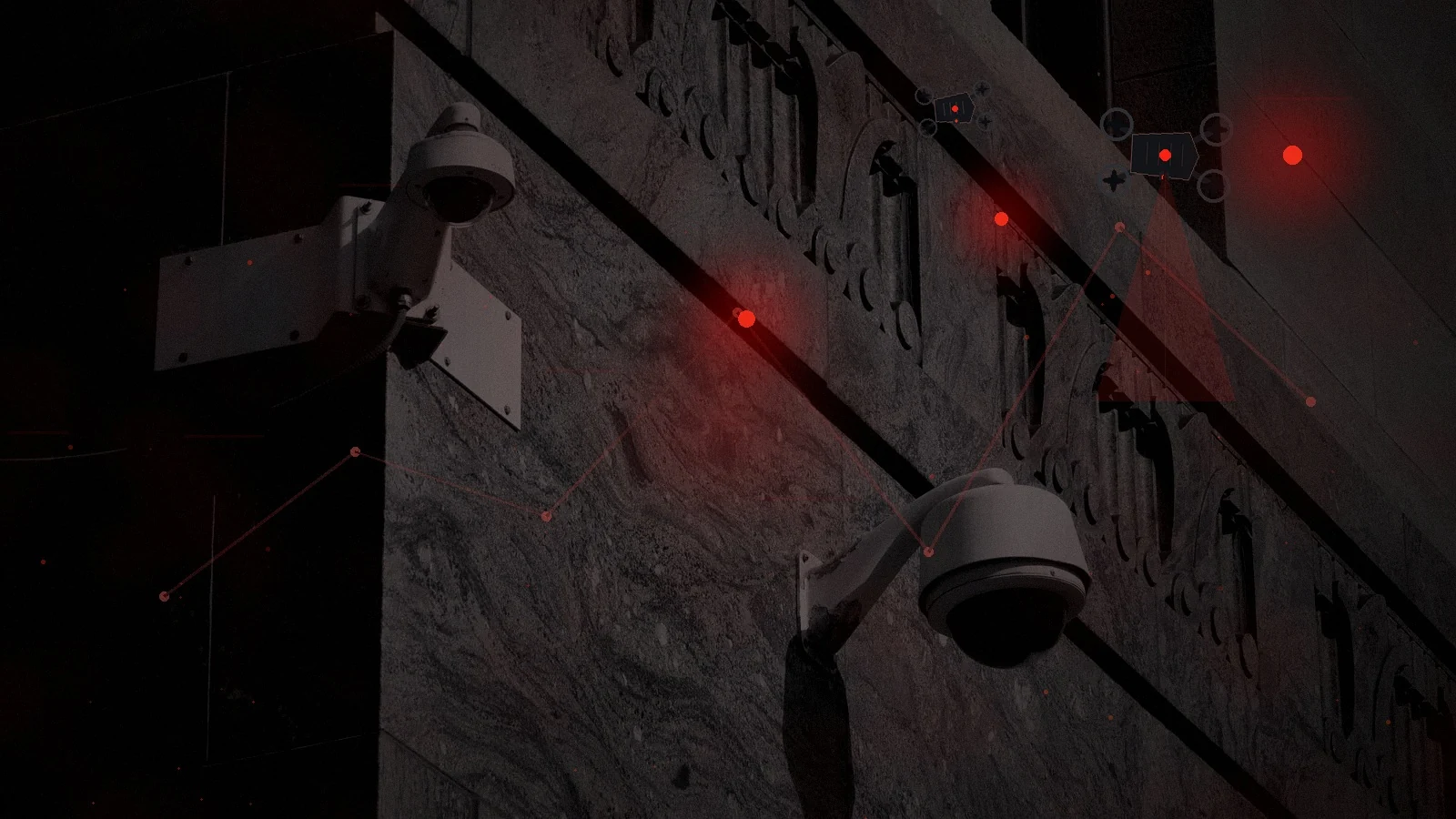 Surveillance cameras watching a darkened city information network under centralised AI control