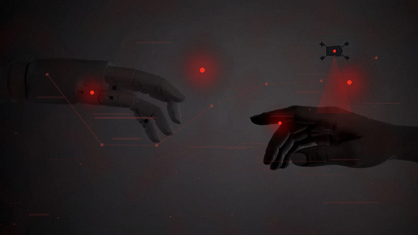 A human hand and machine hand divided by distorted red digital layers, symbolising deepfake-driven uncertainty