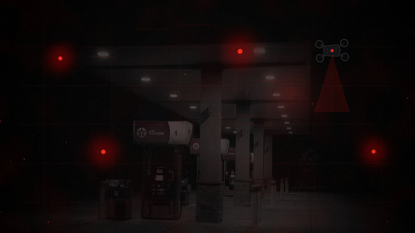 An abandoned petrol station at night as fuel distribution and transport systems fail