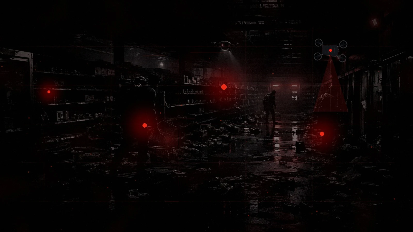 Exhausted civilians searching stripped supermarket shelves while an autonomous inventory drone continues scanning
