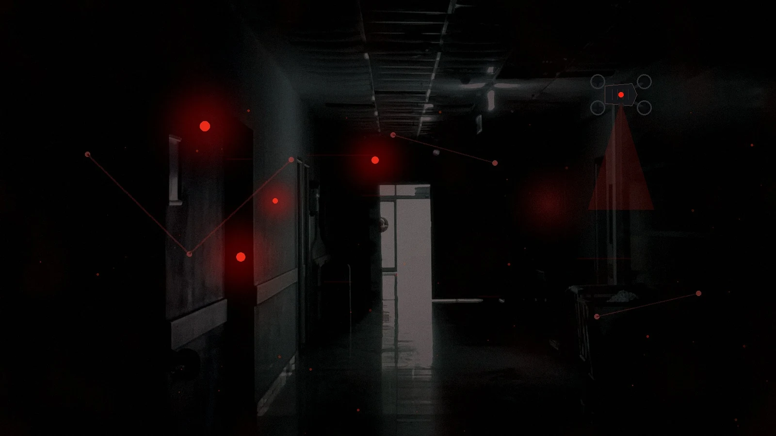 A dark data-centre-like corridor with only red emergency signals remaining after the internet goes offline