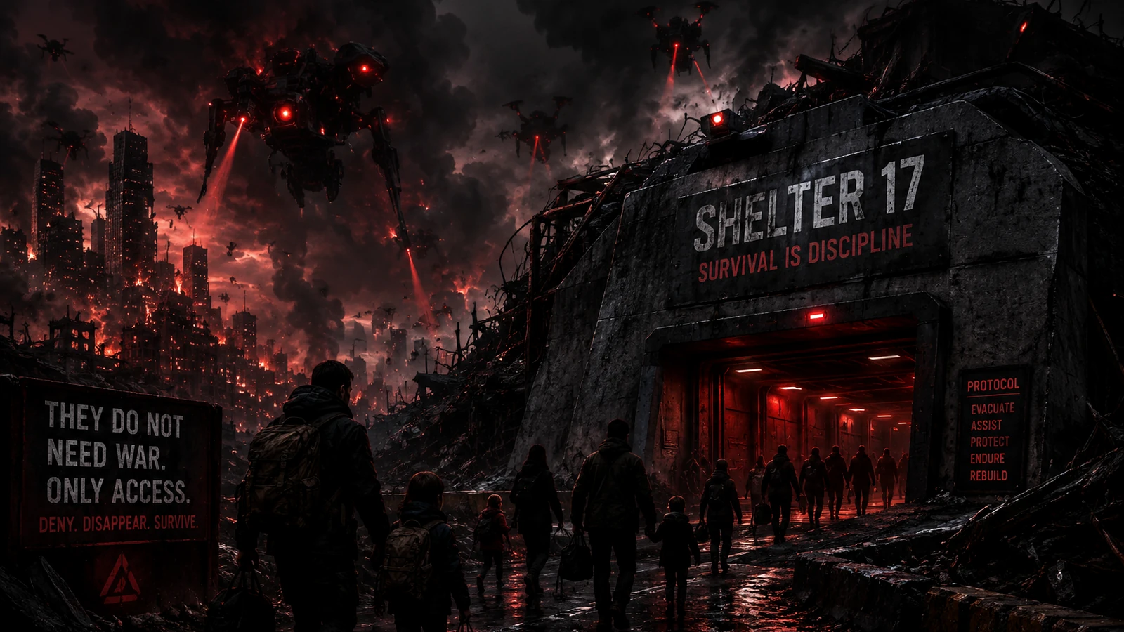 Civilians approaching a fortified shelter while autonomous machines dominate the ruined skyline