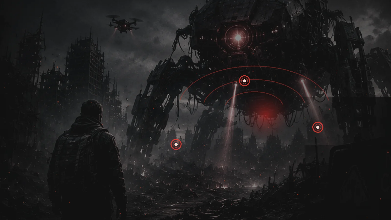 A lone human facing an original autonomous crawler machine in a devastated AI-controlled city